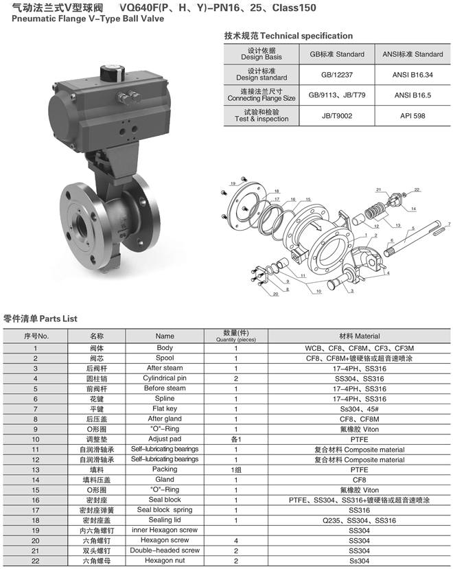 气动法兰V型球阀结构图